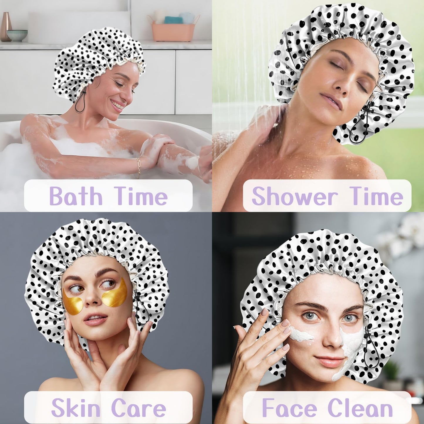Deokke Luxury Shower Cap Silk Satin Lined Waterproof Reusable Adjustable Elastic Dry Hair Bathing Caps Cute for Women Girls-Spot