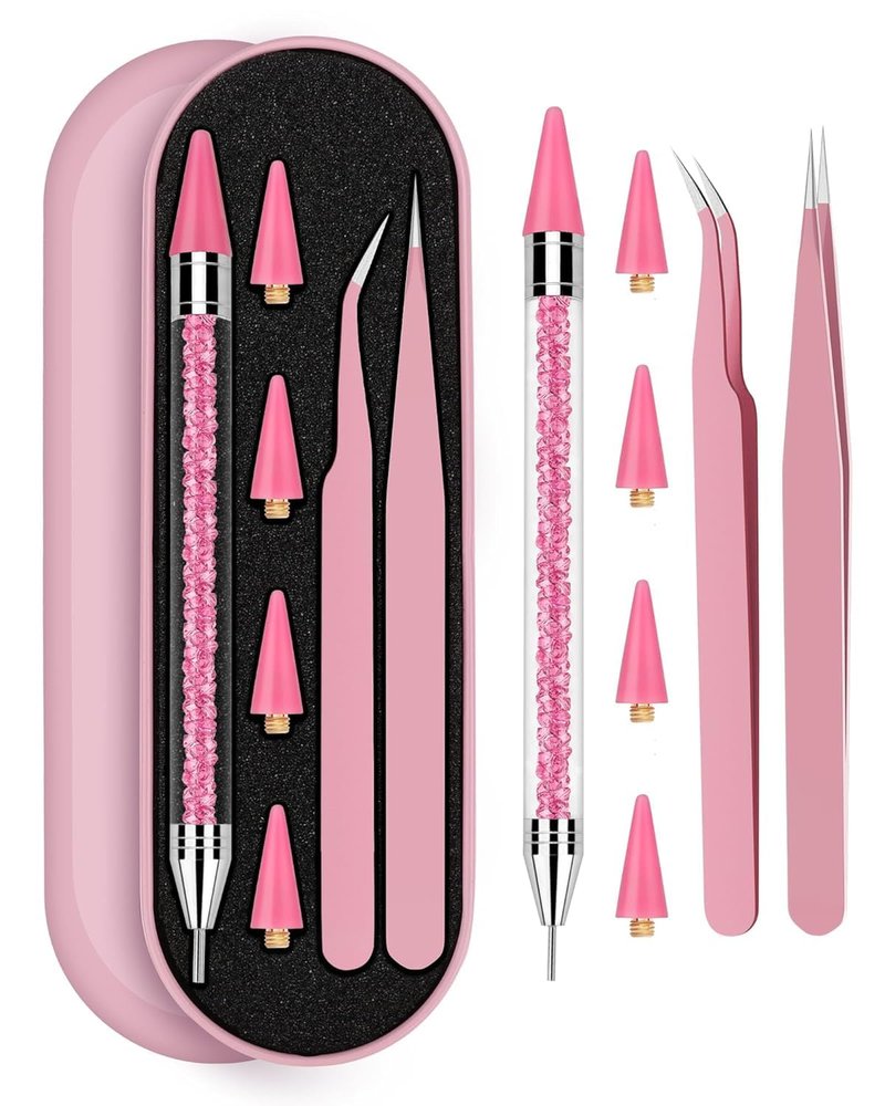 Rhinestone Picker Tool Set - Rhinestone Applicator with 4 Replaceable Wax Heads & 2 Tweezers | Pink