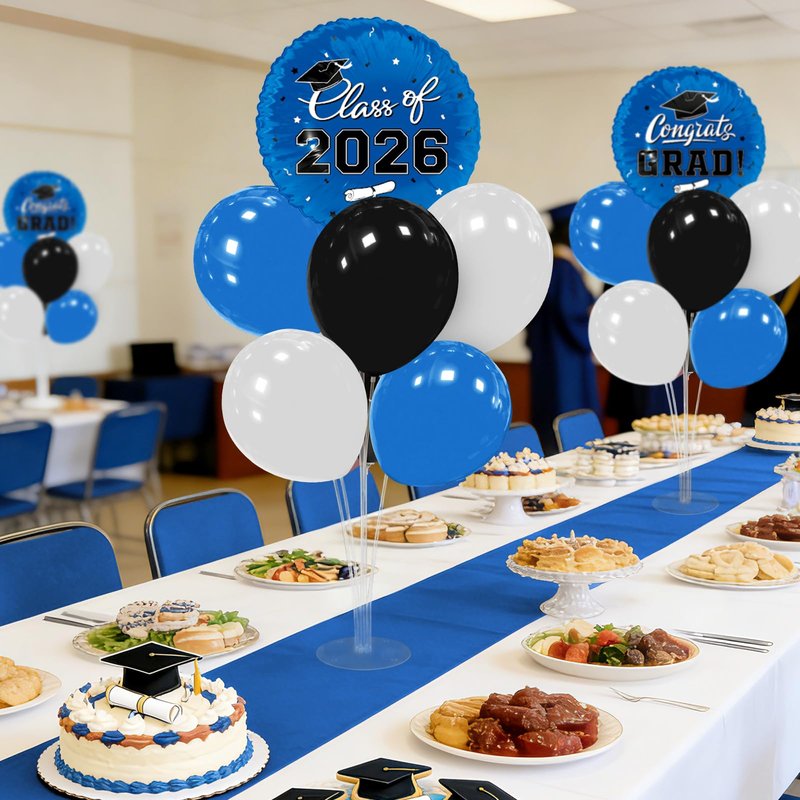 Graduation Decorations - 4 Set Balloon Stands, Class of 2026 Congrats Grad Table Centerpieces for Graduation Party Supplies(Blue & Black)