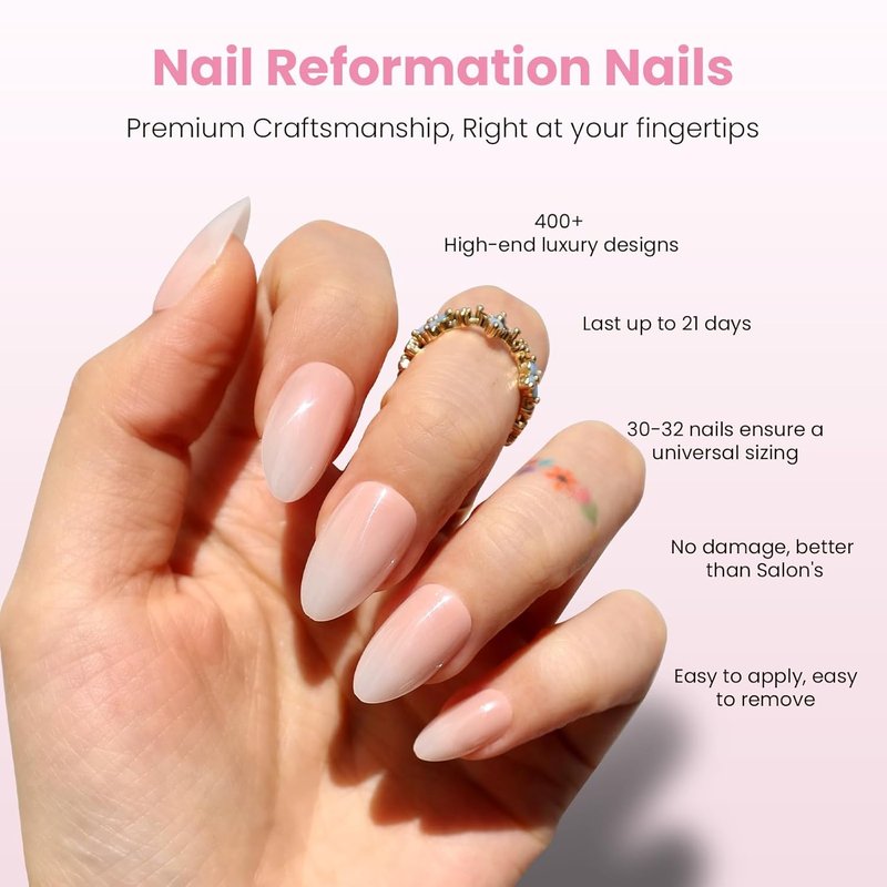 Nail Reformation Press On Nails - Ombre Pink Short Almond | Natural Reusable 32 Nail Kit with Glue in 16 Sizes