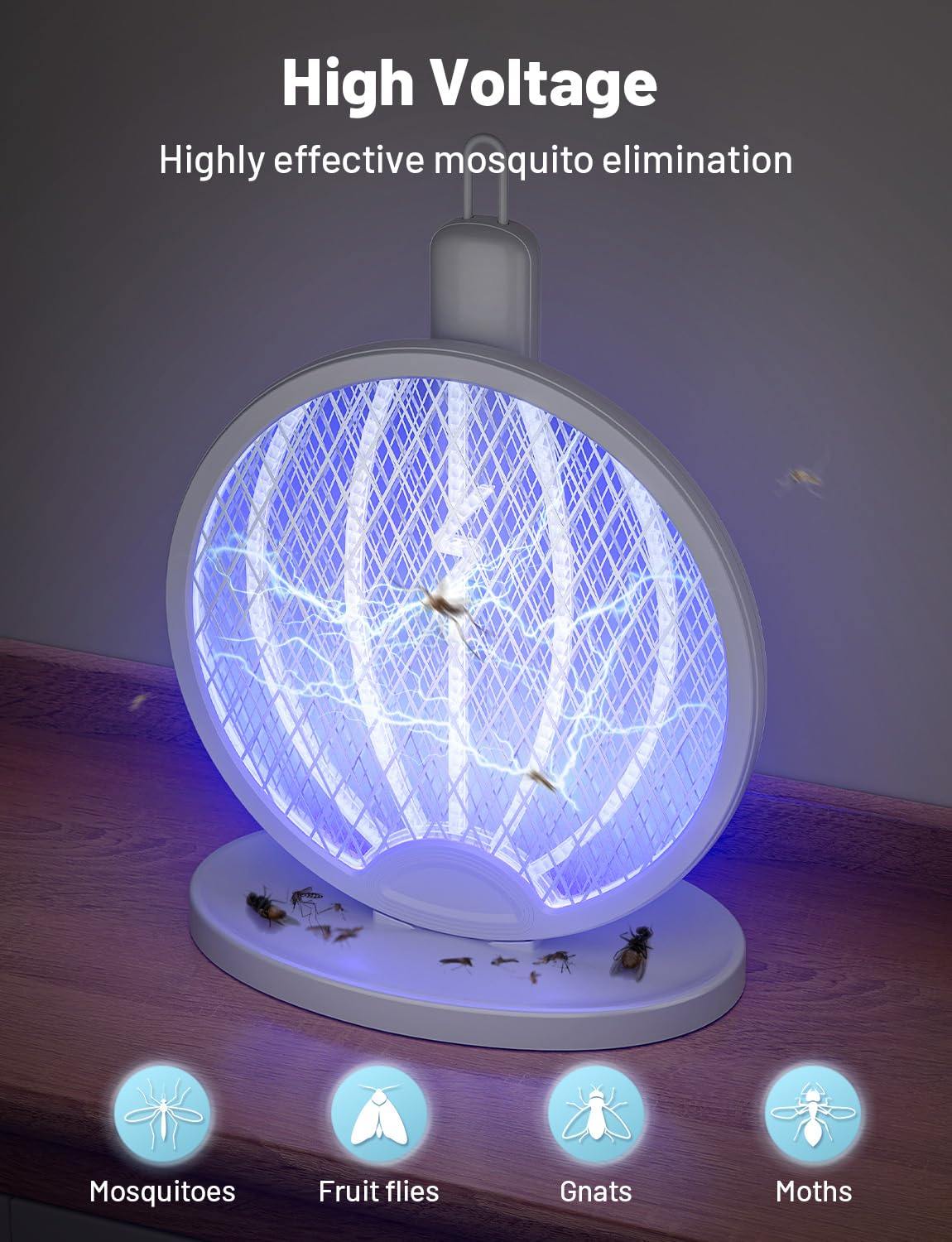 YISSVIC 2 in 1 Mosquito Killer Racket, 4000V Foldable Electric Fly Swatter with Charging Base & Purple Light, Rechargeable 1800mAh Bug Zapper Indoor for Home, Patio, Backyard, Camping Use