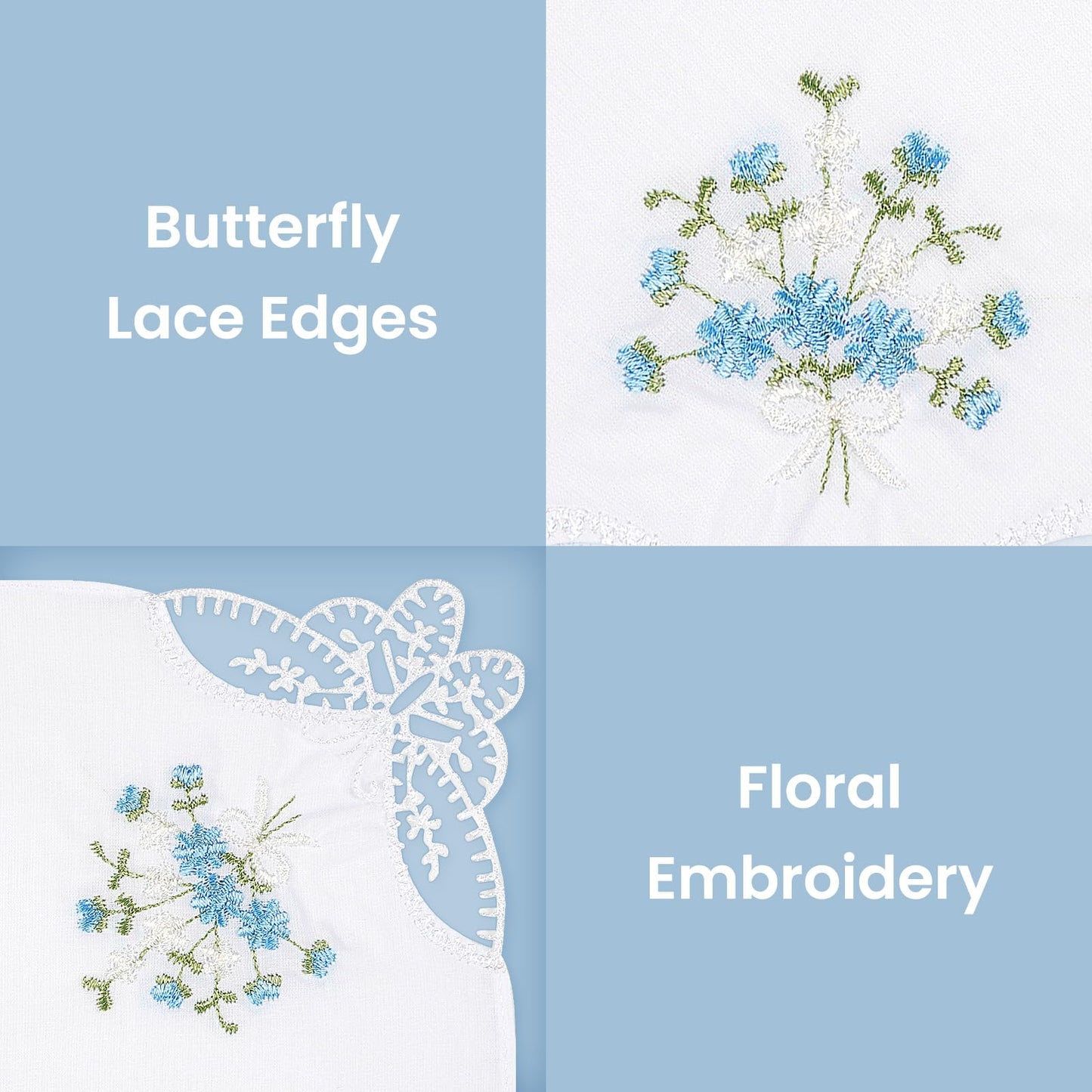 Selected Hanky Women's Cotton Handkerchiefs Flower Embroidered with Lace, Ladies Hankies 6 Pcs - Assorted