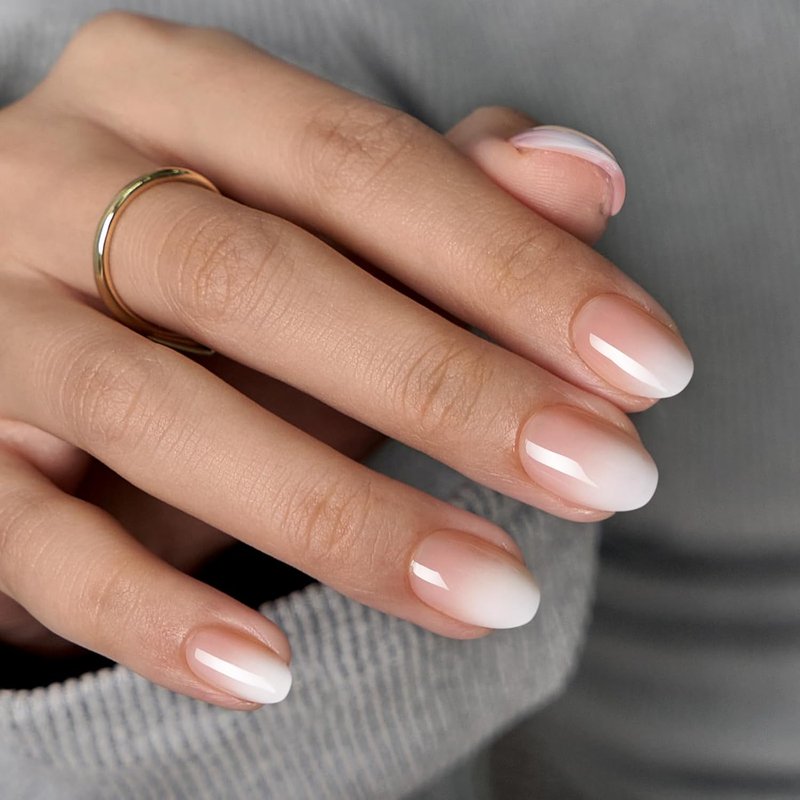 BTArtbox Press On Nails - Extra Short Almond Shape, Nude White Ombre Soft Gel | 32 Reusable Nails in 16 Sizes