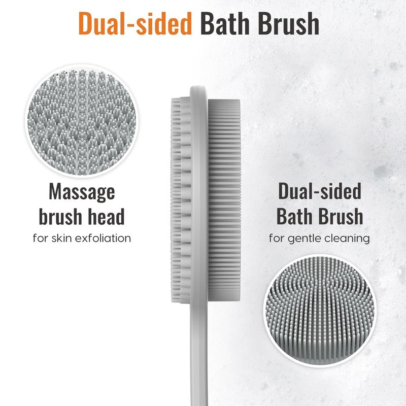 Silicone Back Scrubber for Shower, 17in Lengthen Long Handle Body Brush, Double Sided Shower Brush for Shower Exfoliating and Massage Can Produce Rich Foam, Long Handle Back Scrubber for Men