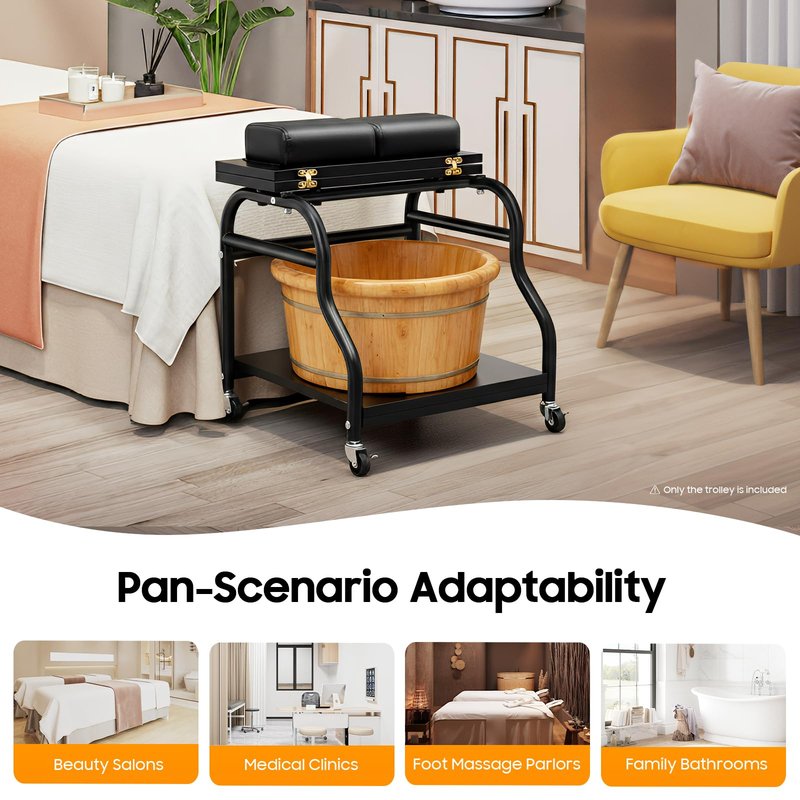 Pedicure Cart Foot Bath Trolley, 2-Tier Portable Salon Nail Esthetician Rolling Cart, Foldable Multi Use Sturdy Manicure Foot Massage Storage Cart for Home Beauty Salon Spa Nail Parlor (Black)