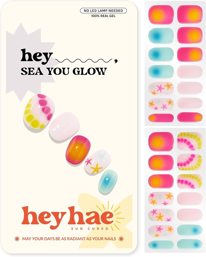 Heyhae Semi Cured Gel Nail Strips - Neon Ombre, Easy Apply & Remove | 28 Strips, Prep Pads & Nail File Included