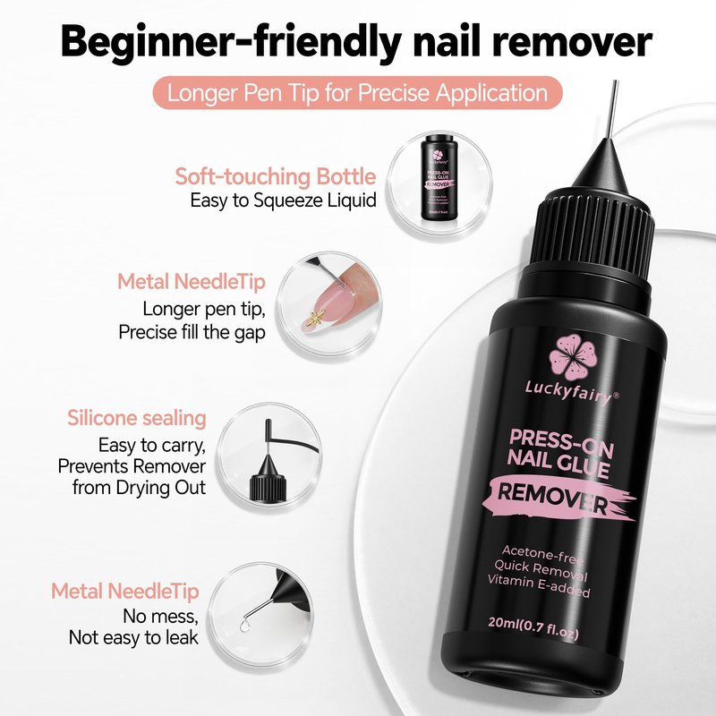 Pinpoint Press On Nail Remover: 2PCS 20ml Non-Acetone Nail Glue Remover with Cuticle Pusher, Multi-Functional Remover for Nails Tips, Gentle Nail Polish Remover with Upgraded Quick Easy Removal
