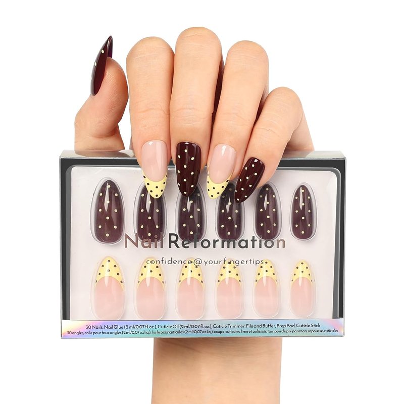 Nail Reformation Press On Nails - Polka Dot French Tip Almond Nails in Chocolate Cream Nude | 30-Piece Reusable Kit