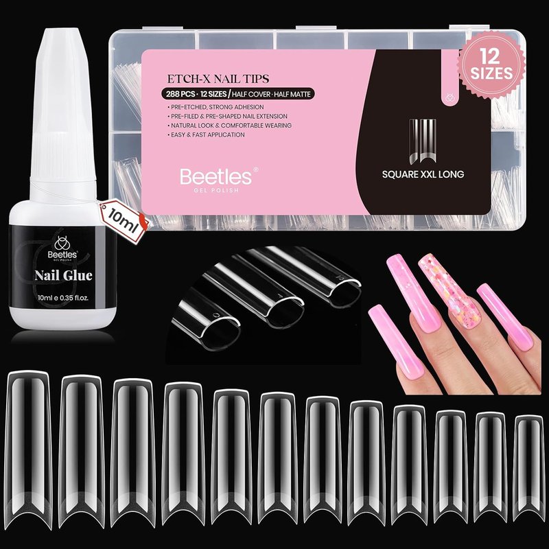 Beetles Gel Nail Tips - XXL Extra Long Square Acrylic Nails | 288 PCS, 12 Sizes, Clear Half Cover Tips
