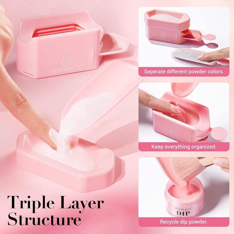AZUREBEAUTY Dip Powder Recycling Tray System, Triple Layer Recycling Case Nail Dip Powder Container with Nails Tool Nail Brush Glass Nail File, French Nail Art Manicure Essential Tool