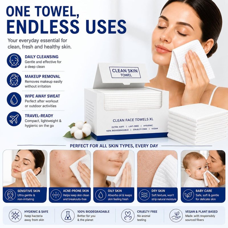 Clean Skin Face Towels XL, Disposable Face Towels,100% Biodegradable, Extremely Soft, Vegan, Facial Towels For Home, Travel & Salon Use. (50 Count)