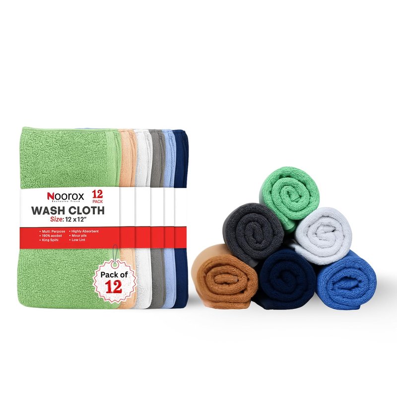 Noorox Washcloth Set – 12x12 Inch – Pack of 12 – Soft, Absorbent, Quick-Dry Cotton Towels for Bathroom, Spa & Kitchen