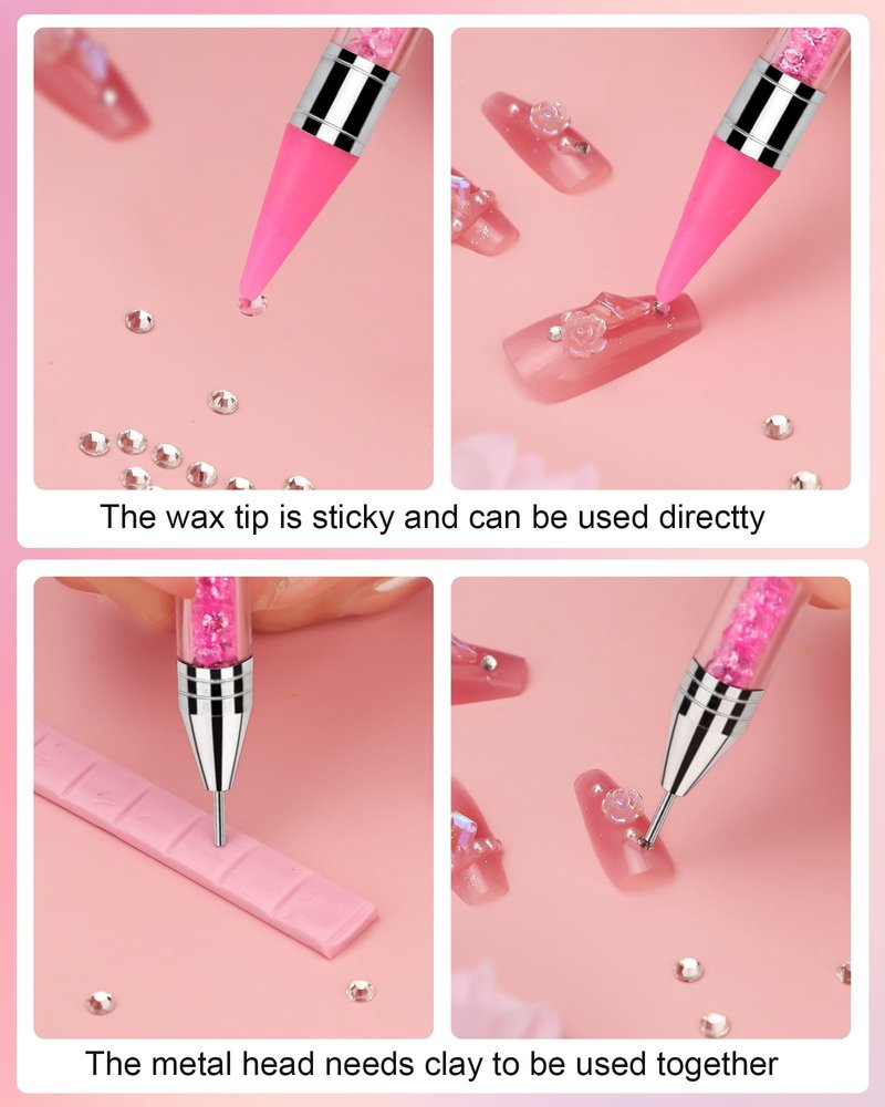 Rhinestone Picker Tool, Wax Pencil for Rhinestones Tool, Dual-ended Nail Bedazzling Tools With 4 Extra Pink Replaceable Wax Head and 1 Tweezer (Pink B)