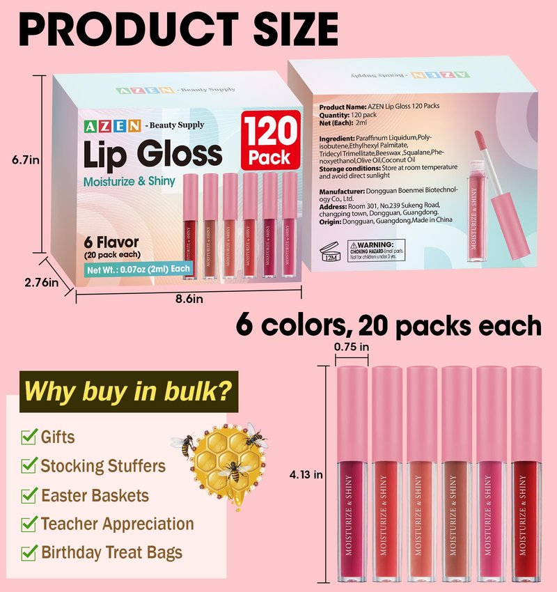 AZEN 120 Pack Lip Gloss Bulk Set, Shimmery Lip Gloss for Women and Girls With Rich Varied Colors, Mothers Day Gifts for Women