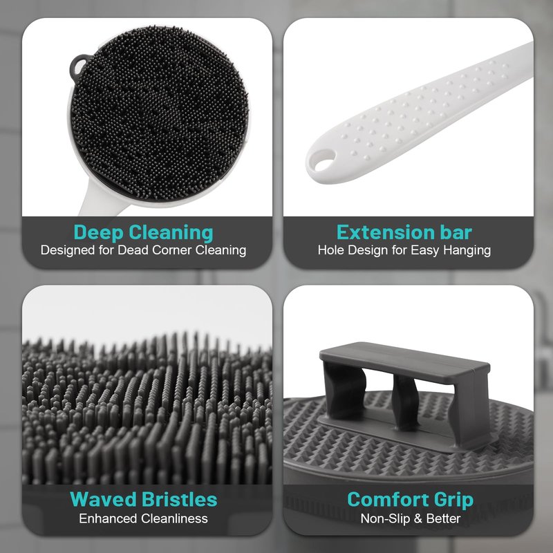 Silicone Back Scrubber for Shower - 16'' Detachable Long Handle Exfoliating Brush, 2025 Upgrade Loop Fin Bristles Body Brush, Deep Cleansing for All Skin, Back Washer for Men and Women (Black)