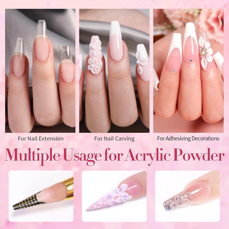 BORN PRETTY Acrylic Nail Kit - Clear, White & Pink Powder with Liquid, Forms, Brush & File | Beginner Friendly