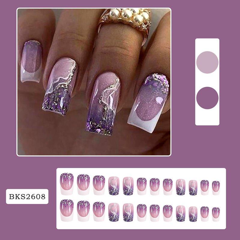 Medium Square Press-On Nails - Purple Marbling Design | Glossy Full Cover Acrylic Fake Nails, 24 Pcs