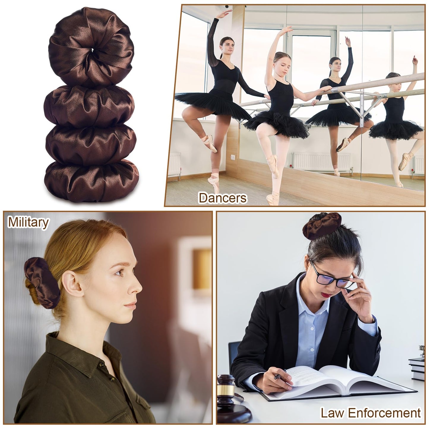 Yuxung 4 Pcs Satin Hair Bun Donut Satin Hair Bun Maker Dark Retain Moisture Easy to Style for Women Ladies Military Ballet and Business (Brown,Small,Medium)