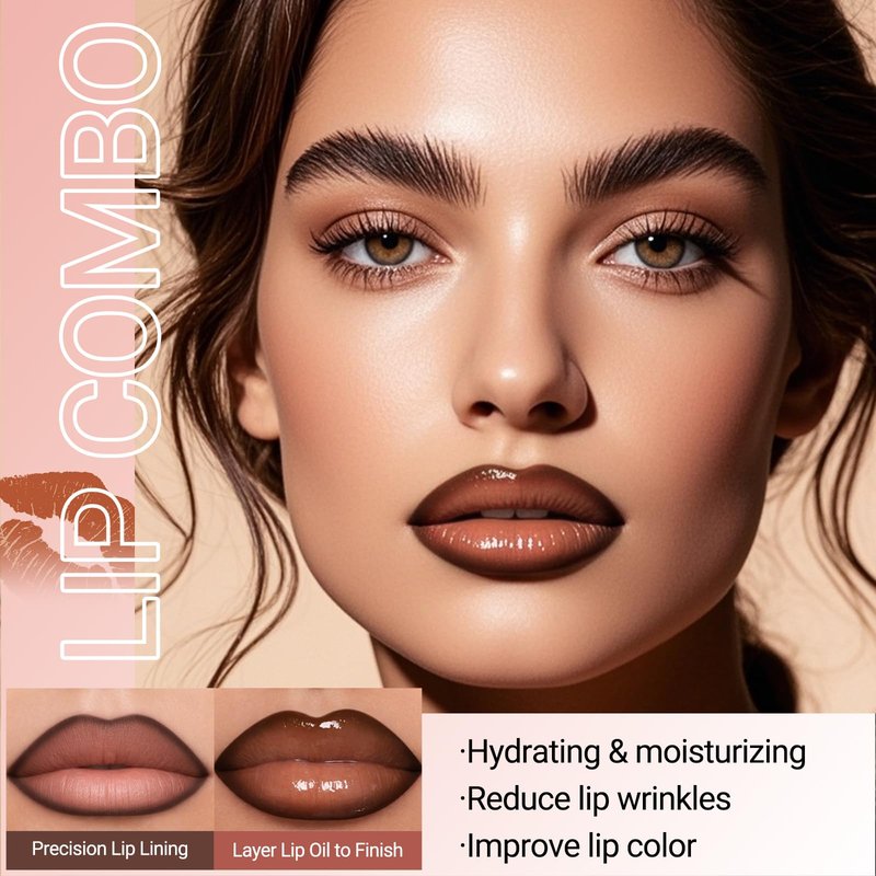 Erinde Lip Liner and Gloss Set, 2 Colors Nourishing Lip Gloss & Brown Lip Liner Combo Sets, Non-Sticky Plumping Lip Kit for Women, Lightweight Long Wear, Natural Nude Tinted Lip Glow Oil, SET B