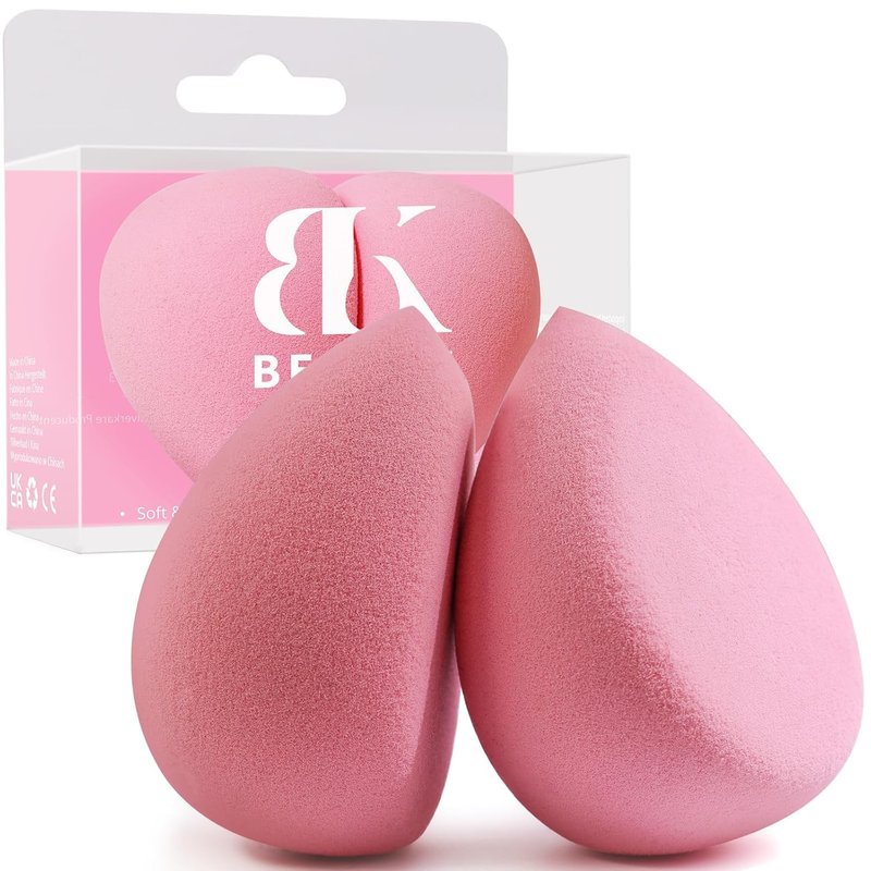 BEAKEY Makeup Sponge Set - Patented Flat Duo for Foundation & Powder | Latex-Free Pink Blending Sponges