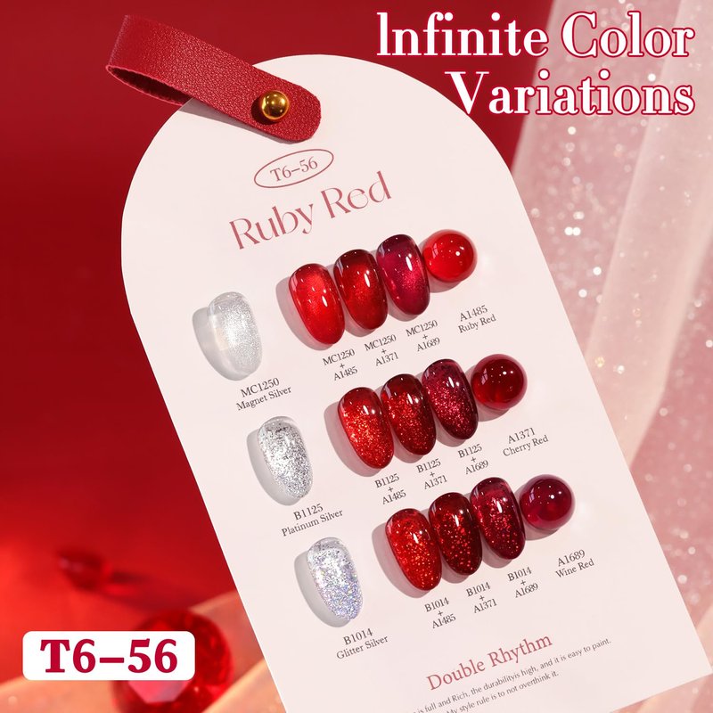 Double Rhythm Gel Polish Set - 6 Pcs 15 ML Soak Off Nail Art Kit | Jelly Burgundy Red & Silver Glitter