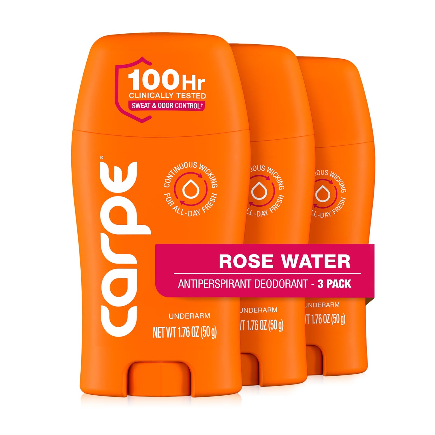 Carpe Underarm Antiperspirant for Women - 100 Hour Sweat & Odor Control - Women's Sweat Control Antiperspirant Deodorant - Extra Strength - Rose Water - 3 Pack