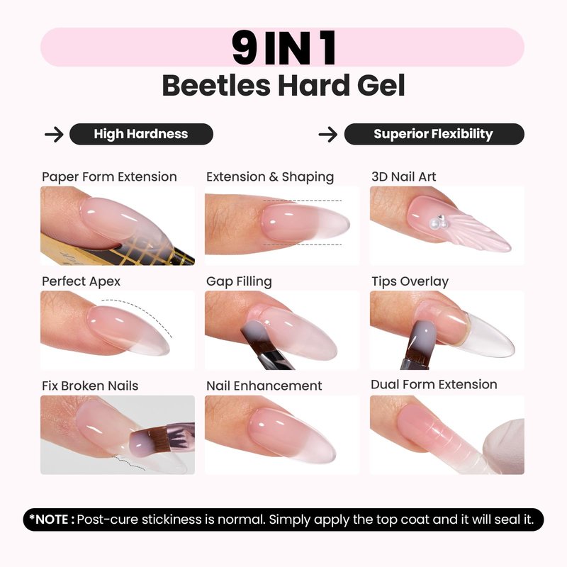 Beetles Hema Free Hard Gel for Nails,2.12 oz 9 in 1 Hard Gel for Nail Extension & Strengthening Broken Nail Repair with Flat Brush 100 Pcs Nail Forms UV LED Lamp Cured Salon Nail Technicians Women
