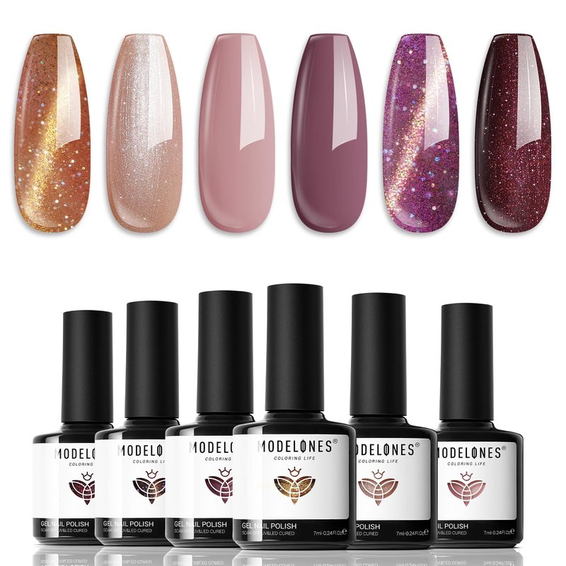 modelones Gel Nail Polish Set, 6 Colors Winter Nude Brown Gel Polish Glitter Burgundy Shiny Champagne Gold Magnetic Cat Eye Effect Sparkle Stunning Home Nail Art Kit Gift for Girl Women