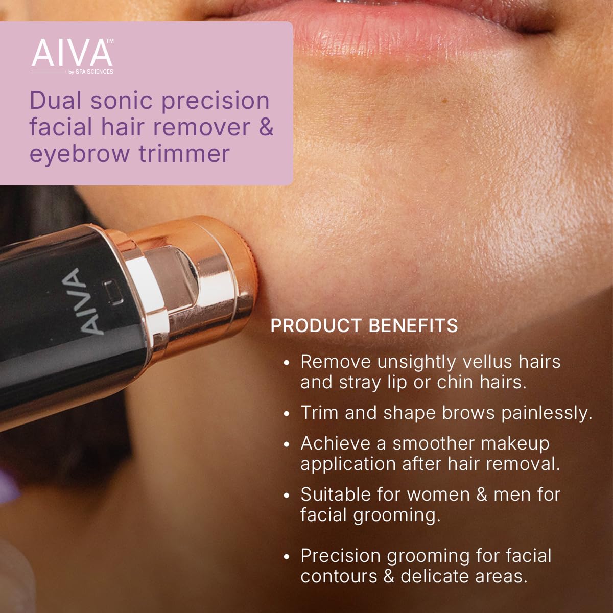 SPA SCIENCES AIVA: 2-in-1/Double Sided Facial Hair Remover & Eyebrow Trimmer USB Rechargeable with Built-in LED Lights
