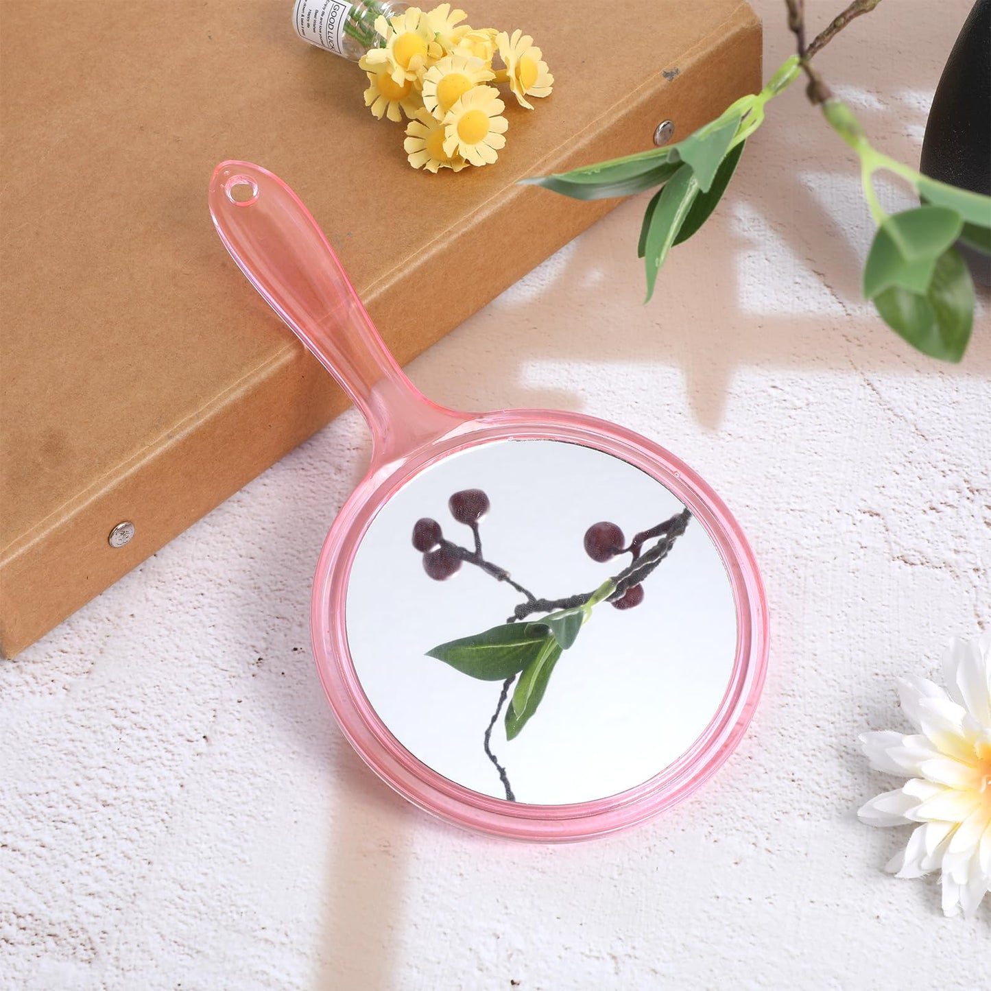 Zyghjort Hand Mirror with Handle, Double-Sided 1X/5X Handheld Magnifying Makeup Mirror for Women Travel Vanity & Salon Face Grooming, Large 8.2"x4.1" - Pink