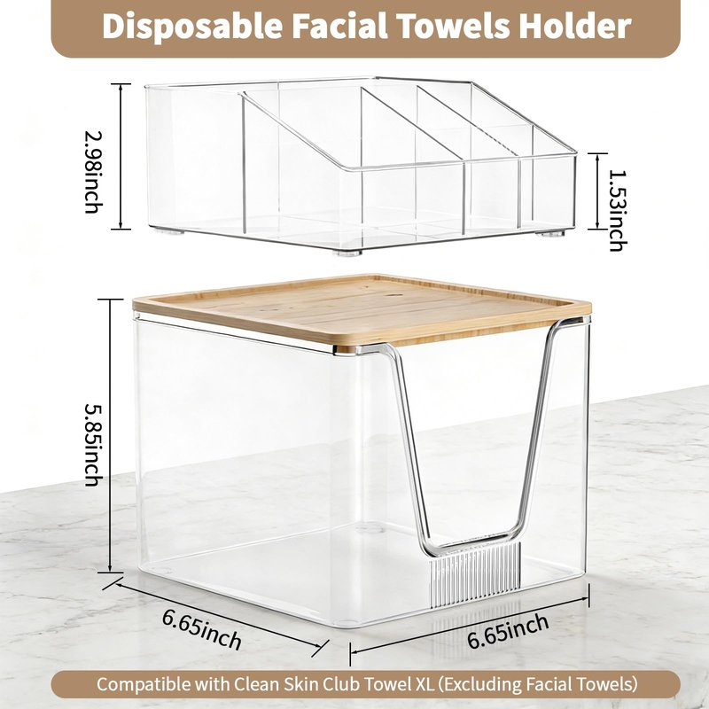 2 in 1 Disposable Facial Towel Holder and Cosmetic Organizer, Clear Storage with Bamboo Lid Compatible with Clean Skin Club Towel XL, Stackable Vanity Organizer for Bathroom Vanity Counter (1 Pack)