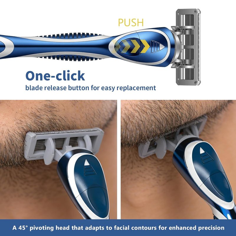 Skiennix 6-Blade Manual Razor for Men - Ergonomic Handle, 12 Blade Refills, Washable Design