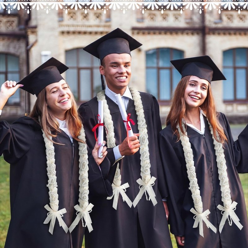 Maysing DIY Class of 2026 Graduation Leis with 30 Pearl Patches Letters and Numbers Graduation Money Leis Double Braided Ribbon Necklace for High School College 2026 Grad Party Decor(White)