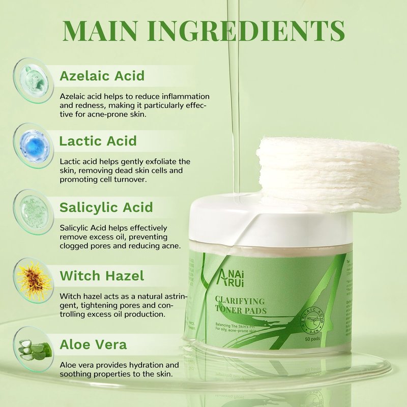 ANAI RUI Clarifying Toner Pads for Face, Face Exfoliating Pad, Balance Skin's PH, Smooths and Refines Skin,with Azelaic Acid &Salicylic Acid 50 Pads