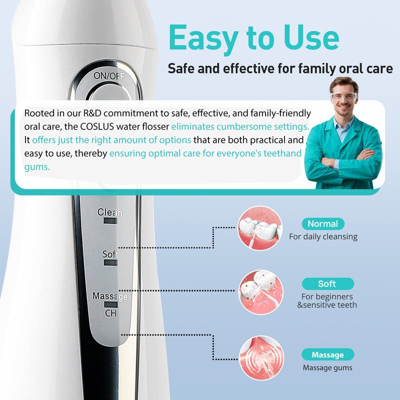 COSLUS Water Dental Flosser Teeth Pick C20: ADA Accepted, Portable Cordless Oral Irrigator 300ML Rechargeable Travel Irrigation Cleaner IPX7 Waterproof Electric Flossing Machine for Teeth, White