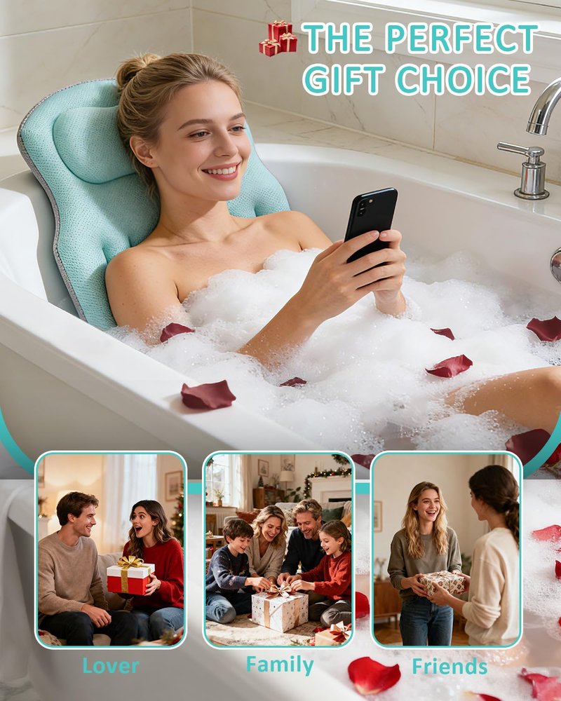 Full Body Bath Pillow for Bathtub, 5D Thick Tub Pillow for Bathtub with 192 Non-Slip Suction Cups, Laundry Bag & Hook, Bathtub Pillow for Head, Neck & Back Support (Green, 51"*15")