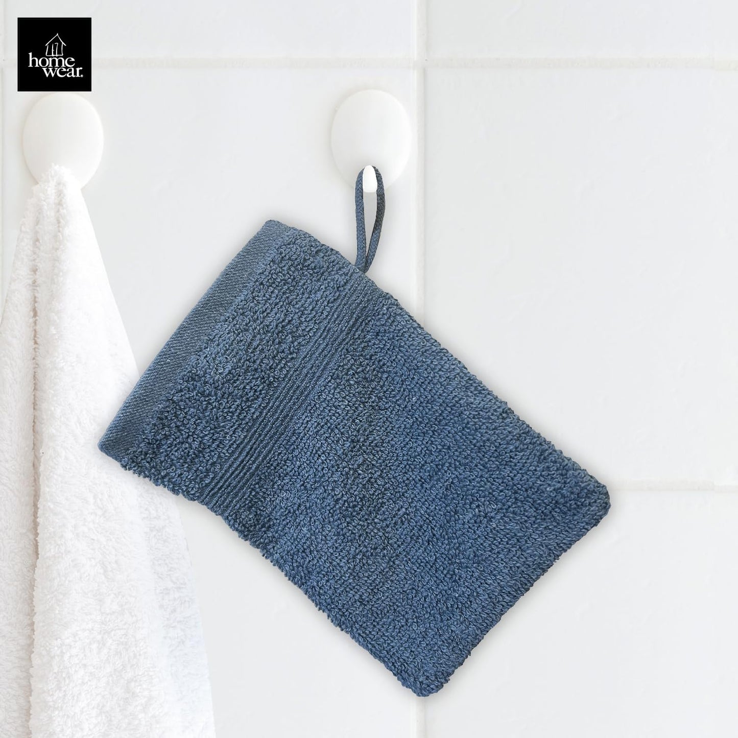 Homewear High Rise Stripe 6 Pack 6 x 8.5 Wash Mitt Set, Low Twist, Highly Absorbent, Gentle Hand and Face Cloth, European Style with Loop, Indigo