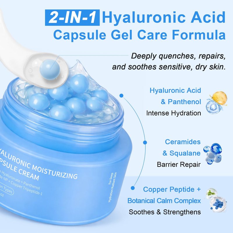 Hyaluronic Capsule Cream - Lightweight Moisturizing Gel for Glowing Skin | Ceramides & Peptides | 2.12 oz