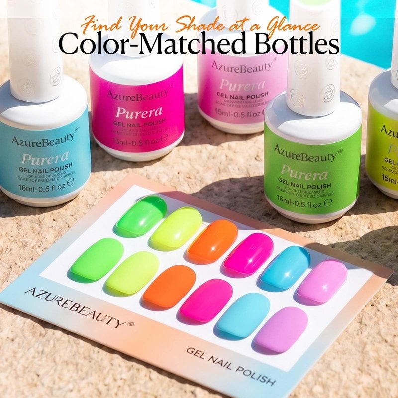 AzureBeauty 6 Colors 15ml HEMA Free Neon Purera Gel Nail Polish Set, Same Color Bottles Soak Off UV LED Gel Polish Kit DIY at Home Manicure Salon Gifts, Summer Green Yellow Orange Hot Pink Blue Purple