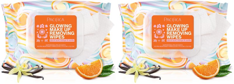 Pacifica Beauty, Glowing Makeup Remover Wipes, Glycolic Acid, Coconut Water, Aloe Infused, Daily Cleansing, Exfoliating, Clean Skin Care, Plant Fiber Facial Towelettes, Vegan & Cruelty Free