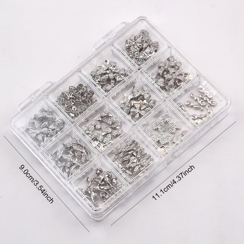 Skiennix 120pcs Nail Charms - 12 Styles of Black Metal 3D Heart & Flower Decorations for Acrylic Nails