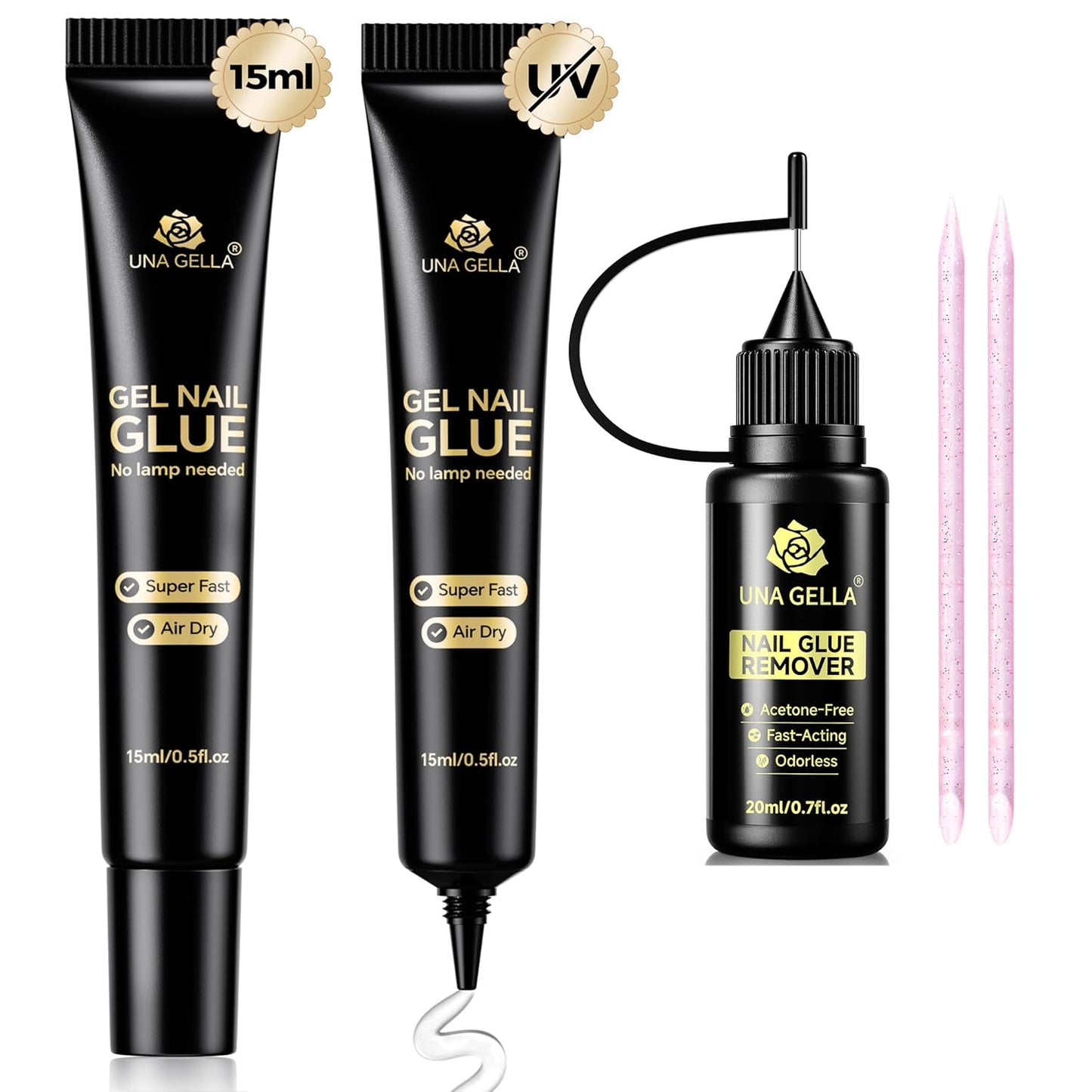 UNA GELLA Nail Glue Remover & Strong Nail Glue Gel Set - 15ml | No UV Lamp Needed
