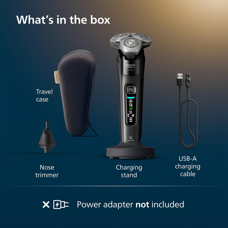 Philips Norelco Shaver i9000, Wet & Dry Electric Shaver, Ink Black, SenseIQ Technology, Triple Lift & Cut System, 360 Rotating Dual SteelPrecision Precision Blades, Nose Trimmer, Model X9000/90