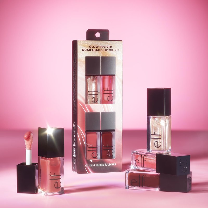 e.l.f. Glow Reviver Quad Goals Lip Oil Kit, 4 Hydrating, Non-Sticky Glossy Tinted Lip Oils, Lip Gloss Set, Moisturizing Lip Care, Vegan & Cruelty-Free