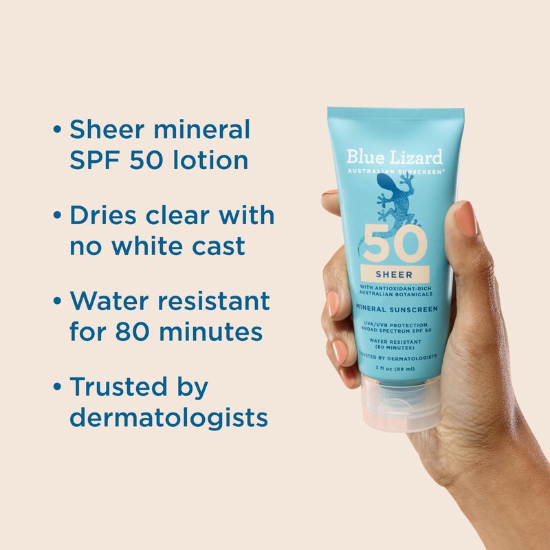 Blue Lizard Sheer Mineral SPF 50 Sunscreen Lotion, Zinc Oxide, 100% Mineral Formula, Nourishes with Australian Desert Lime and Peach, Paraben-Free, Fragrance-Free, 3 fl oz