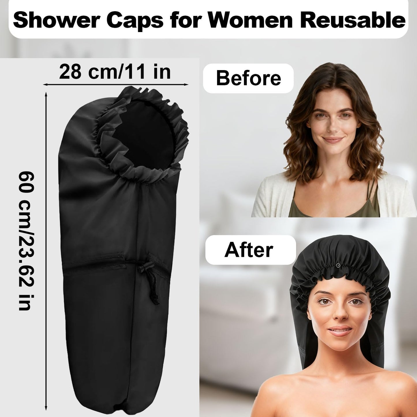 ELEBOX 2 Pack Extra Large Shower Cap for Braids/Curly Hair/Dreadlock | Reusable Waterproof Long Bonnets for Women Shower/Cleaning/Spa | Bathing Cap with Adjustable Drawstring & Button, Black+Leopard