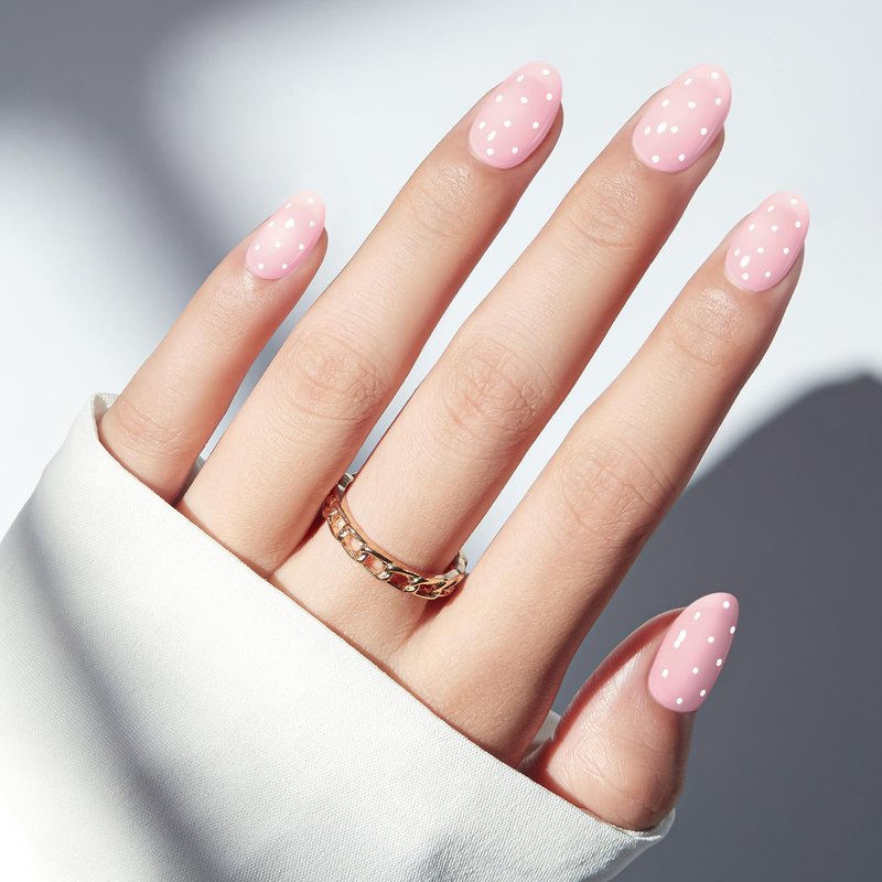 modelones Pink Short Polka Dot Press on Nails, Semi-Transparent Oval Fake Nails Kit Press Ons with Nail Glue, Adhesive Tabs, Nail File, Prep Pad, Manicure Stick, 32Pcs 16 Sizes, Spring Women Girl Gift
