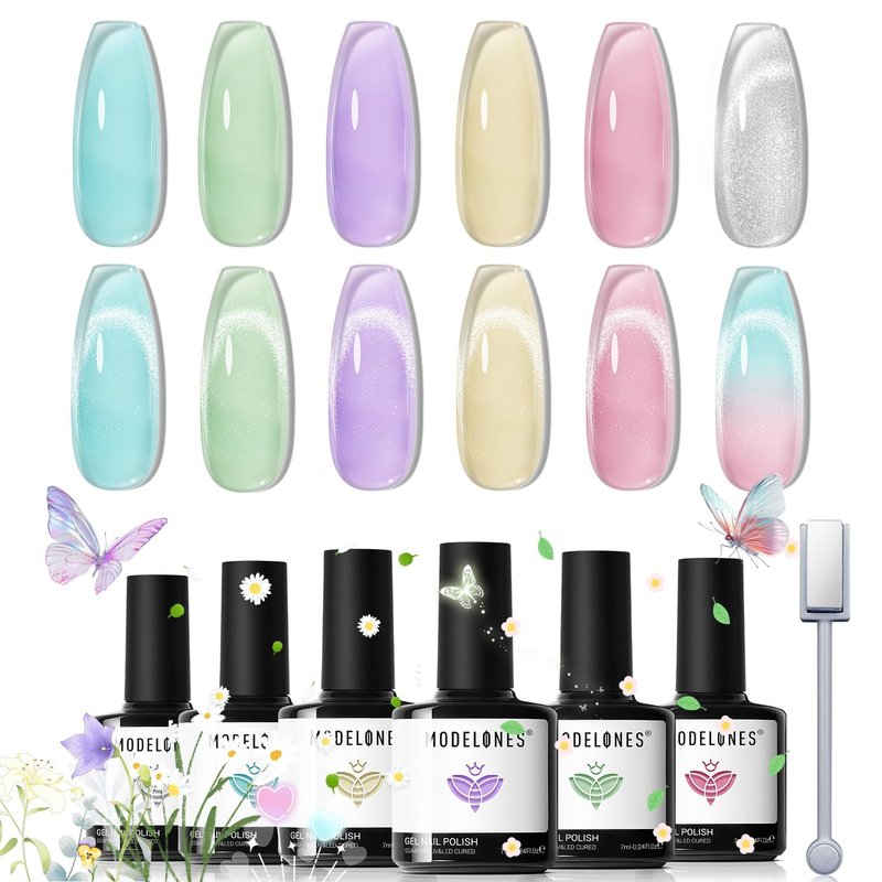 modelones Gel Nail Polish Set, 6 Colors 2026 Spring Summer Silver Cat Eye Gel Polish Translucent Pastel Sheer Pink Yellow Lavender Purple Baby Blue Mint Green Jelly Nail Polish W Magnet LED DIY Gift