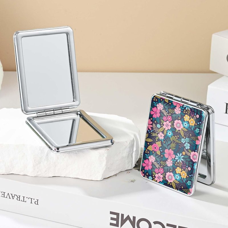 Pocket Mirror, Small Travel Mirror with Magnification, Portable Double-Sided Magnifying Cosmetic Mirror for Daily (2 Flowers)