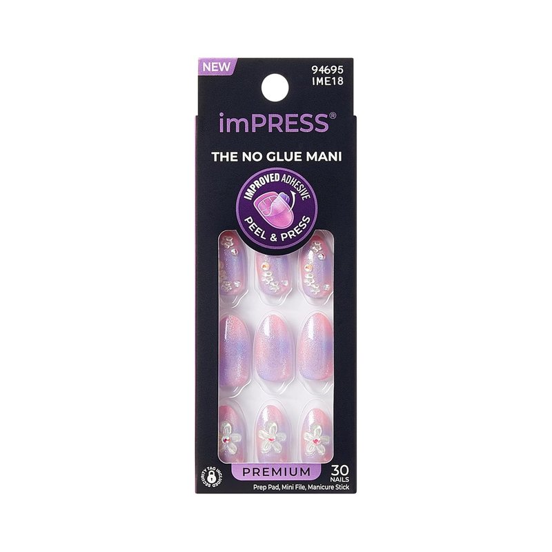 Kiss Impress No Glue Mani Press On Nails - 'Pick Me First' Pink Oval Design | Medium Size, 30 Nails Included